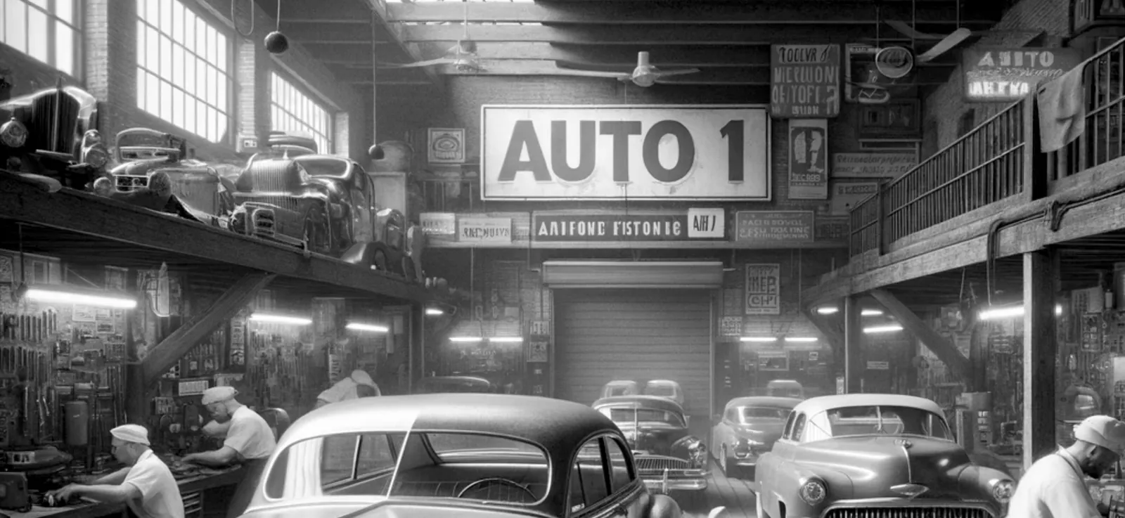 Black-and-white vintage garage under a large AUTO 1 sign