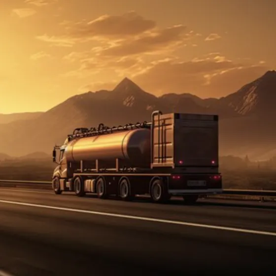 A tanker truck on the highway at sunset